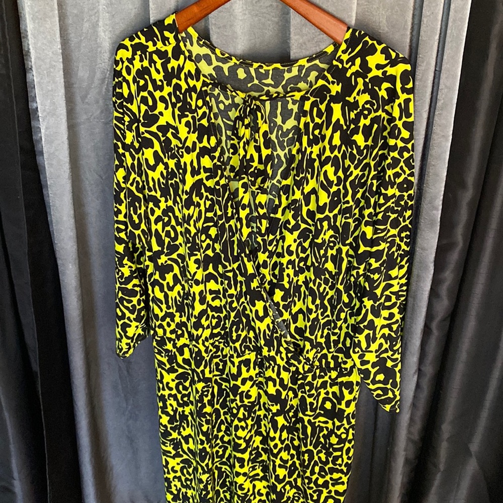 Eloquii Matte Jersey Neon Yellow Green Black Animal Print Short Dress 18W EUC